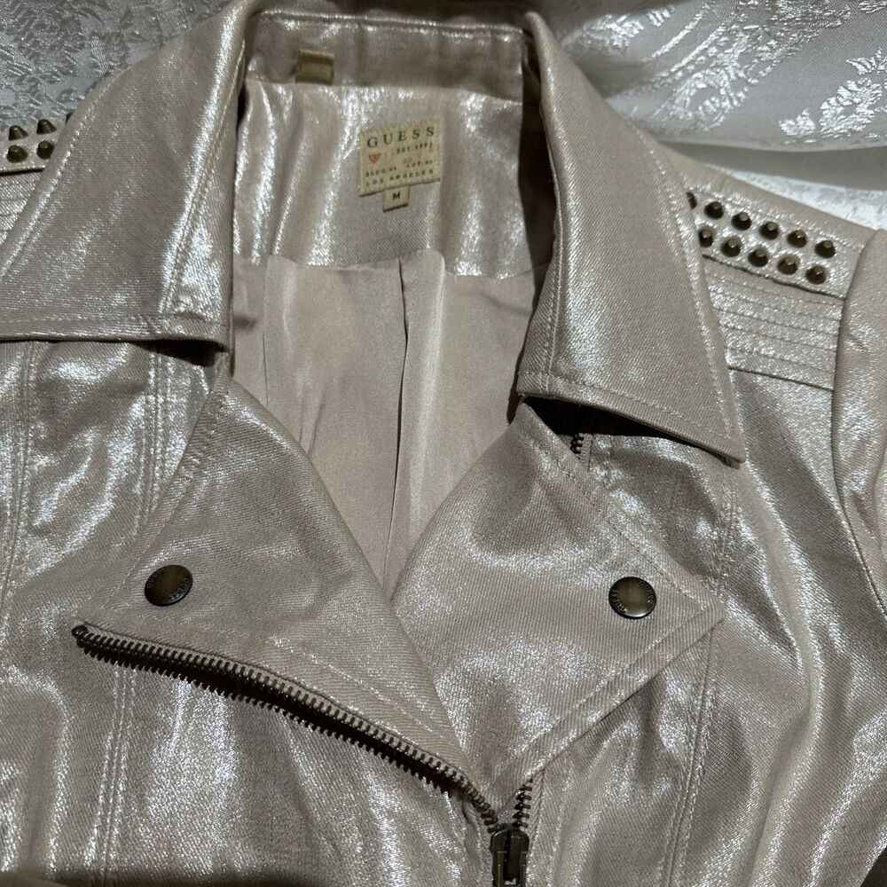 GUESS womens Metallic Studded Jacket Cream Size M